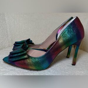 Betsy Johnson rainbow‎ metallic peep toe bow high heels colorful pride pumps 5.5